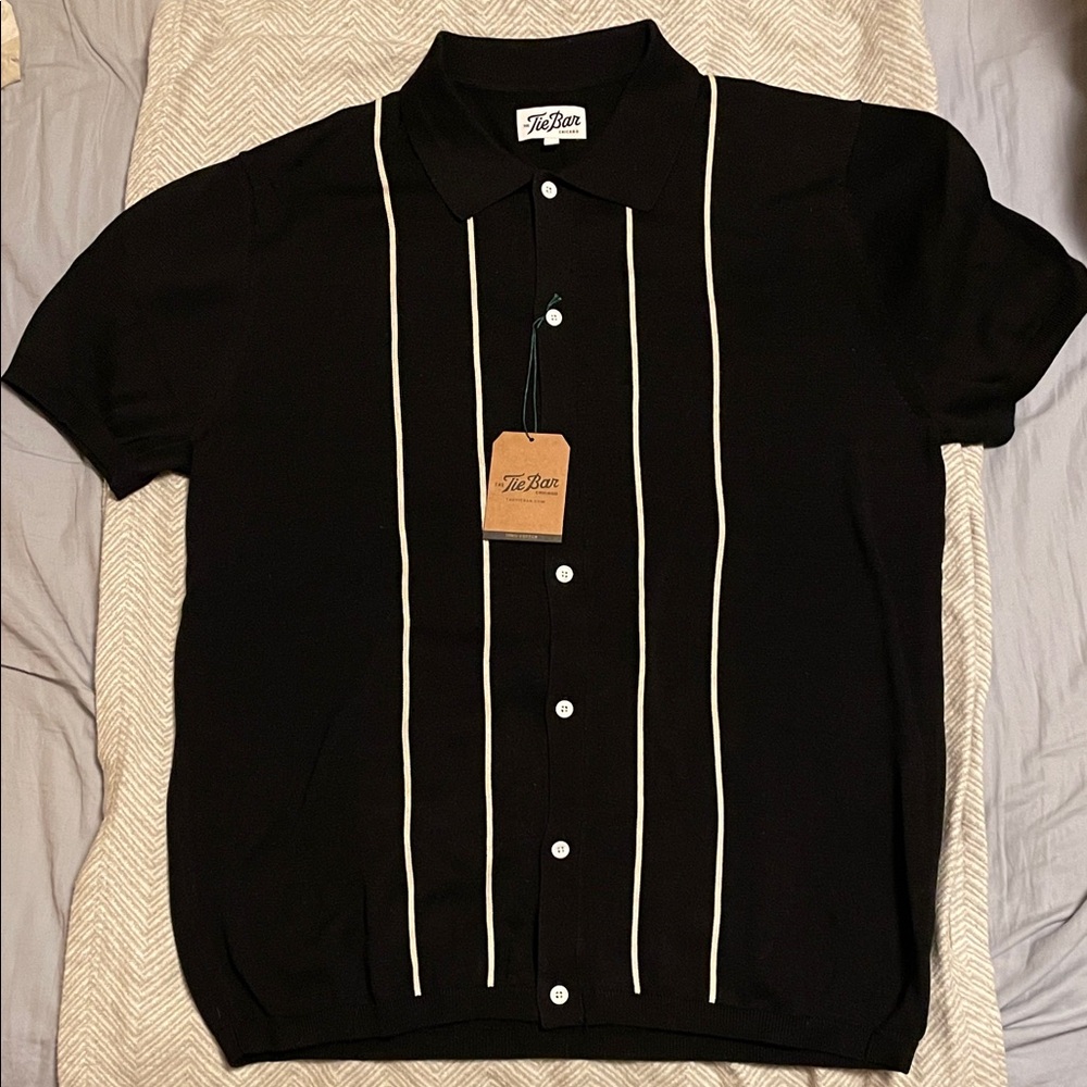 The Tie Bar Men's Black Shirt with White Stripes
